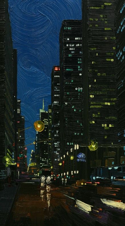 Leo Bugel Night Life Painting, Aesthetic City Painting, Painting Ideas City, Nighttime Paintings, City Night Illustration, Night Time Paintings, Night Aesthetic Art, Nighttime Painting, City At Night Painting