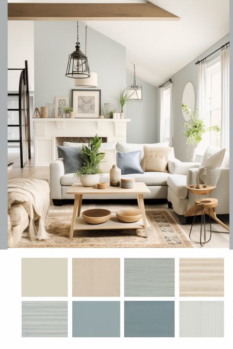 Find the perfect paint colors for your living room, kitchen, and bedroom to achieve a modern farmhouse look. #RoomColors #FarmhouseStyle Farmhouse Living Room Blue Accent, Open Floor Plan Paint Colors, Modern Farmhouse Paint Colors By Room, Farmhouse Paint Colors Interior, Modern Farmhouse Paint Colors, Lake House Living Room, Dining Room Paint Colors, Color Palette Living Room, Modern Farmhouse Bedroom