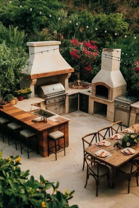 Brazilian Outdoor Kitchen, Back Patio Ideas Concrete Outdoor Kitchens, Italian Villa Backyard, Outdoor Kitchen Design Mediterranean, Aesthetic Outdoor Kitchen, Patio Gardening Ideas, Hot Tub And Outdoor Kitchen, Italian Backyard Ideas, Backyard Courtyard Ideas