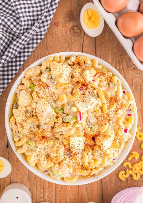 Deviled Egg Macaroni Salad Deviled Egg Macaroni Salad Recipe, Deviled Egg Macaroni Salad, Egg Macaroni Salad, Chicken Macaroni Salad, Carb Sides, Mom On Timeout, Mac Salad, Macaroni Salad Recipe, Easy Salad