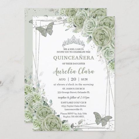 Quinceanera Invitations Green, Fairy Garden Quinceanera Theme Invitations, Light Green Quince Invitations, Enchanted Forest Theme Quinceanera Sage Green, Sage Quince Dresses, Sage Green Xv Invitations, Sage Green 15 Invitations, Quince Surprise Dance Outfits Sage Green, Sage Green 15 Dress