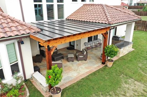 Outdoor patio with a pergola covered by bronze Topgal Pergola Covers, Carport Patio, Covered Patio Design, Restaurant Patio, Patio Enclosures, Pergola Attached To House, Patio Covers, Backyard Pergola, Pergola With Roof