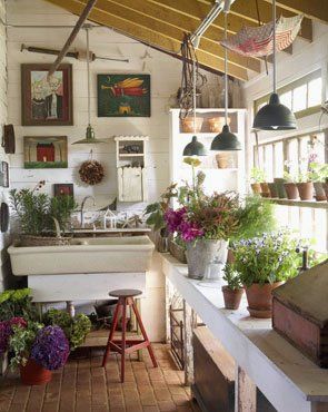 I would add a comfy small couch and a corner fireplace for reading and napping when I wasn't gardening and maybe a mini fridge for drinks and snacks! Gardening Room, Garden Shed Interiors, Shed Makeover, Greenhouse Shed, Potting Sheds, Potting Bench, She Sheds, Greenhouse Gardening, Potting Shed