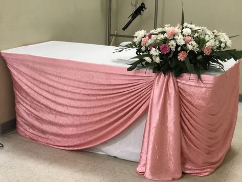 Table Draping Ideas, Table Skirting Ideas, Table Draping, Draping Ideas, Bride Groom Table, Church Altar Decorations, Table Cloth Decorations, Diy Wedding Backdrop, Wedding Backdrop Decorations