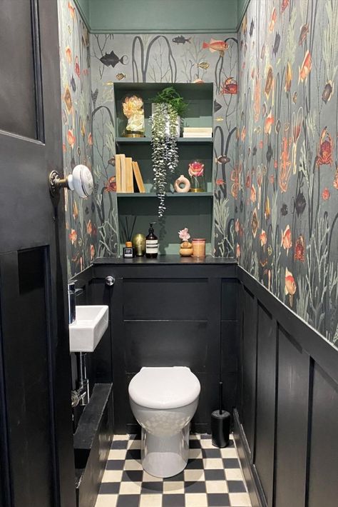 House Floor Tiles, Ottawa House, Strips Wallpaper, Understairs Toilet, Wallpaper Accent Wall Bathroom, Wc Ideas, Small Downstairs Toilet, Cloakroom Toilet, Small Bathroom Wallpaper