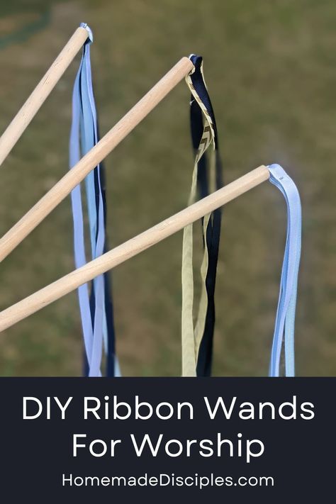 three homemade ribbon wands with navy, light blue, white and cream ribbons. Ribbon Flag, Ribbon Wands, Diy Wand, Diy Ribbon, Ribbon Crafts, Family Activities, Get Ready, Worship, Activities For Kids