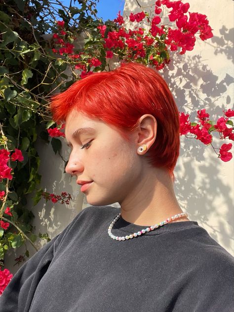 Red Orange Short Hair, Super Short Red Hair, Bright Red Pixie Haircut, Bright Orange Red Hair, Short Bright Hair, Shaved Red Hair, Sunset Orange Arctic Fox Hair, Red Buzzcut Women, Very Short Red Hair