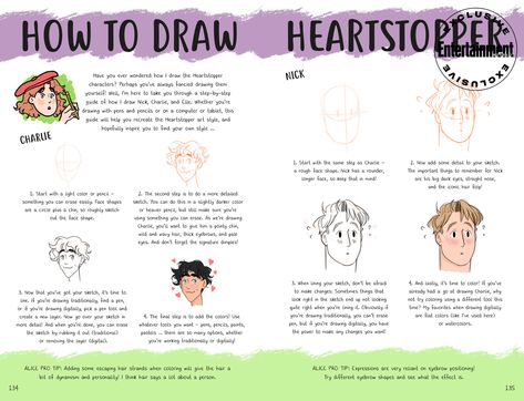 Alice Oseman's drawing tips “how to draw nick and charlie) , from 'The Heartstopper Yearbook.' How To Draw Like Alice Oseman, Nick And Charlie Drawing Easy, How To Draw Charlie Spring, Heartstopper Drawing Style, Heart Stopper Drawing Ideas, Heartstopper Artstyle, Alice Oseman Art Style, How To Draw Nick Nelson, Heartstopper Fall Aesthetic