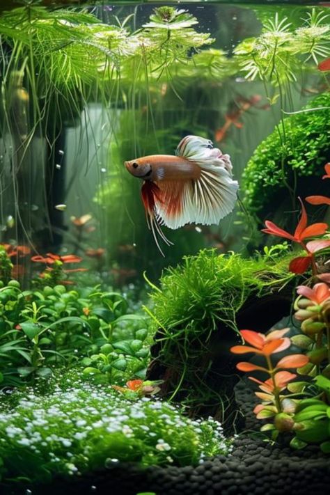 Enhance your betta's living conditions with our selection of ideal plants for a betta tank. Find out how these aquatic plants can provide necessary shelter, improve water quality, and add a pop of color to your aquarium. Dive into our blog post to start planning your tank's makeover. Live Plants Fish Tank, Colorful Aquarium Ideas, White Beta Fish Aesthetic, How To Aquascape, Betta Fish Tank Plants, House Plants In Fish Tank, Betta Planted Tank, Fish Tank Ideas Betta, Betta Fish Tank Ideas Aesthetic