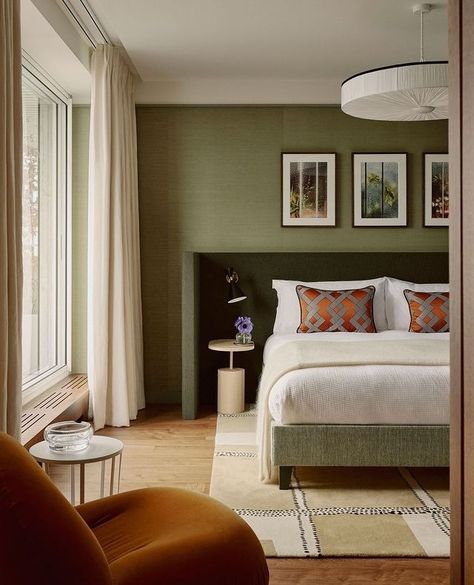 Studio Ashby (@studioashby) • Instagram photos and videos Eclectic Luxury Bedroom, Sage Green Primary Bedroom, Green Mid Century Bedroom, Green Hotel Room, Green Bed Frame, Green Wall Bedroom, Pop Of Color Bedroom, Airbnb Bedroom Ideas, Modern Green Bedroom