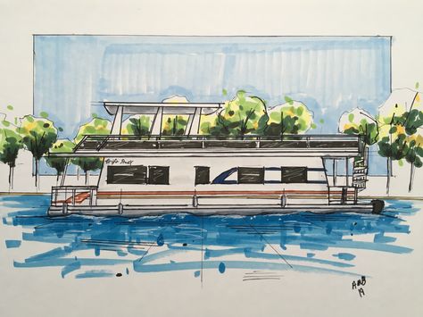 Houseboat Drawing, Rowboat Drawing, Motorboat Drawing, Rowboat Illustration, Boat In Water Illustration, House Boat, Lake, Drawings, Art