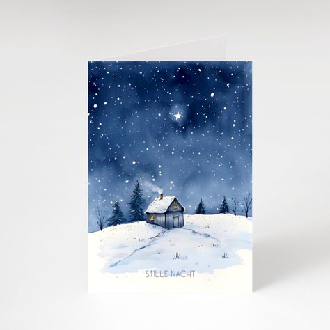 WEIHNACHTSKARTE A6  „ Stille Nacht“ Nordstern Polarstern Aquarell Christmas Greeting Card Design Ideas, Christmas Aquarell, Christmas Karten, Christmas Cards Watercolor, Star Watercolor, Watercolour Winter, Watercolor Christmas Cards Diy, Winter Drawing, Pop Up Christmas Cards