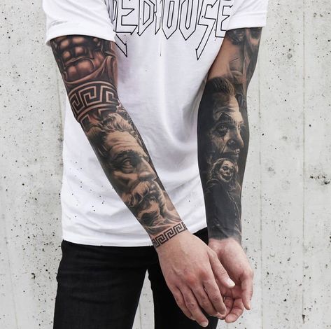 Mythology Forearm Tattoo, Zeus Sleeve, Zues Tattoo Forearm, Greek God Tattoo, Zeus Tattoo, Joker Tattoo, Greek Mythology Tattoos, Mythology Tattoos, Forearm Tattoo Men