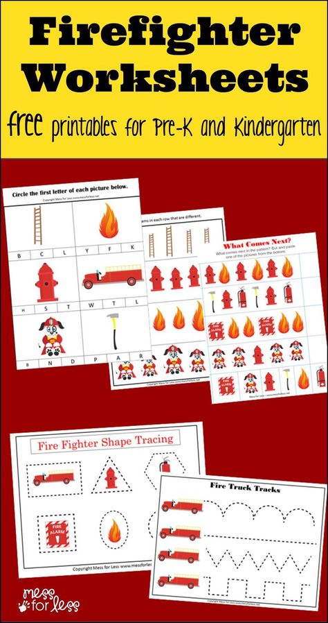 These firefighter kindergarten worksheets are great to use to help kids brush up on basic skills. Free printables for your homeschool curriculum or just for a firefighter theme. Fire Safety Worksheets, Fire Safety Preschool Crafts, Fire Safety Unit, Fire Safety Theme, Fire Safety Activities, Fire Safety Preschool, Fire Safety Week, Community Helpers Unit, Fire Prevention Week