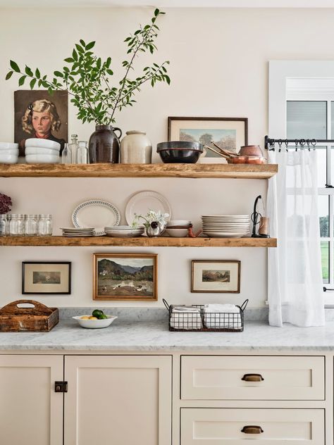 neutral farmhouse kitchen with rustic wood shelves Rustic Kitchen Shelves, Georgiana Design, Cabinet Trends, Kitchen Cabinet Trends, White Shiplap Wall, Open Kitchen Shelves, Farmhouse Dining Room, Modern Farmhouse Style, Farmhouse Dining