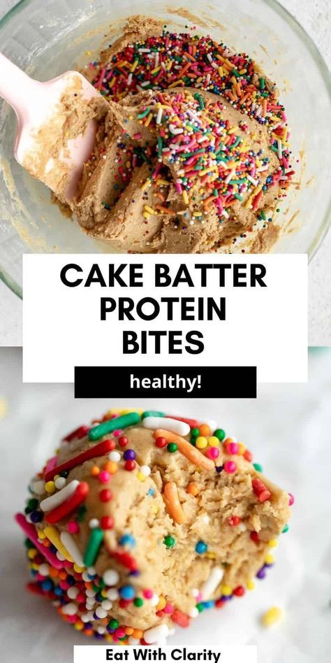 These cake batter high protein energy bites are healthy, easy to make and perfect for a simple vegan snack or dessert. These energy balls are gluten free, made with cashew butter and sweetened with just honey or maple syrup. Cake Batter Protein Balls, Protein Energy Bites, Cake Batter Protein, Protein Baking, High Protein Desserts, Healthy Protein Snacks, Healthy Sweet Snacks, Vegan Snack, Protein Desserts