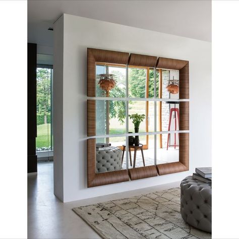 Collection of wall mirrors with frame in solid canaletta walnut. The single corner, side and central units can be ordered individually or in combination, to create multiple compositions. Mirror Composition, Porada Furniture, Triple Mirror, Art Reflection, Mirror Unit, Wall Divider, Mirror Dining Room, Contemporary Living Room Furniture, Outdoor Bar Table