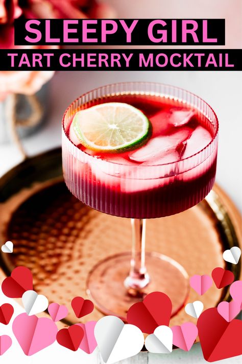 Sleepy Girl Tart Cherry Mocktail - this is the perfect alcohol-free night cap! Sleepy Girl Mock Tail Recipe, Tart Cherry Magnesium Drink, Sleepy Time Tea Mocktail, Tart Cherry Nighttime Drink, Tart Cherry Sleep Cocktail, Sleepy Time Cocktail, Cherry Drink For Sleep, Night Mocktail Recipe, Tart Cherry Drink Recipes