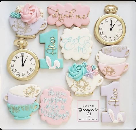 Cookies Design, Alice In Wonderland Tea Party Birthday, Onederland Birthday Party, Alice In Wonderland Cakes, 1st Birthday Party For Girls, Twin First Birthday, Alice In Wonderland Birthday, Sugar Cookie Designs, First Birthday Party Themes