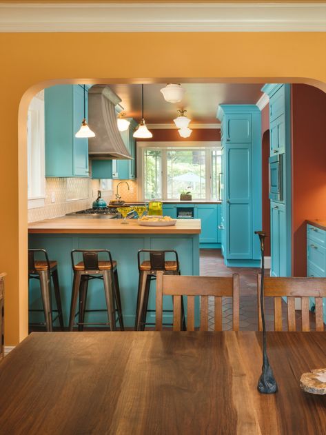 Artistic Kitchen Cabinets, Blue Orange Kitchen Ideas, Color Full Kitchen, Orange And Turquoise Kitchen, Teal Orange Kitchen, Orange And Blue Kitchen Ideas, Blue Green Orange Kitchen, Multicolored Kitchen Cabinets, Orange Blue Kitchen