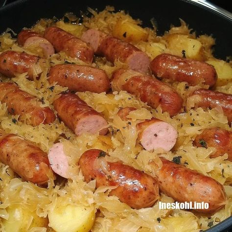 Polish sausage Sauerkraut and potatoes | InesKohl Kitchen Polish Sausage Sauerkraut And Potatoes, Sauerkraut And Potatoes, Polish Sausage Recipes, Ineskohl Kitchen, Sausage Sauerkraut, Polish Sausage, Sauerkraut Recipes, Fermented Cabbage, Creamy Potato Soup