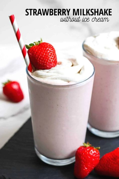 Strawberry Milkshake without Ice Cream | Healthy Recipe - The Home Intent No Ice Cream Milkshake, Milkshake Without Ice Cream, Custard Powder Recipes, Dairy Free Milkshake, Ice Cream Healthy, Ice Cream Milkshake, Healthy Evening Snacks, Healthy Ice Cream Recipes, Healthy Strawberry