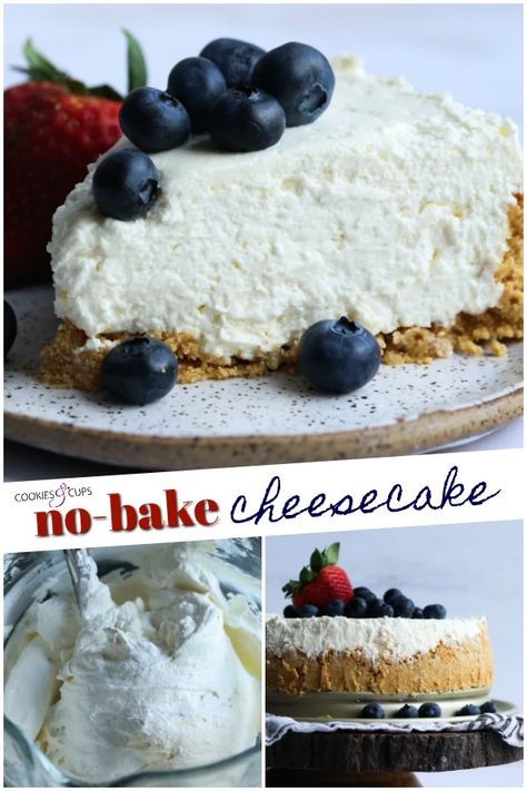 This extra creamy No Bake Cheesecake Recipe is so easy to make, fluffy and almost mousse-like with a thick, buttery graham cracker crust. Top with with fresh fruit, caramel sauce, or whipped cream! #cheesecakerecipe #cheesecake #nobake #cookiesandcups #creamcheese #nobakecheesecake Sugar Cookie Cheesecake, Best No Bake Cheesecake, Creamy Cheesecake Recipe, No Bake Cheesecake Recipe, Cheesecake With Whipped Cream, Fluffy Cheesecake, Medal Hangers, Easy No Bake Cheesecake, Cheesecake Mousse