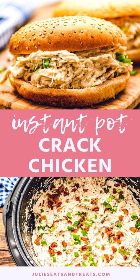 Instant Pot Crack Chicken is the perfect recipe for when you want Crack Chicken quick for dinner! It's loaded with flavor from a combination of shredded chicken, cream cheese, Ranch seasoning, cheese and bacon! It makes a great sandwich filling for an easy meal. #crackchicken #instantpot Chicken Bacon Ranch Sandwich, Shredded Chicken Sandwiches, Chicken Cream Cheese, Shredded Chicken Recipes, Chicken Sandwich Recipes, Sandwich Fillings, Cream Cheese Chicken, Instant Pot Recipes Chicken, Quick Chicken