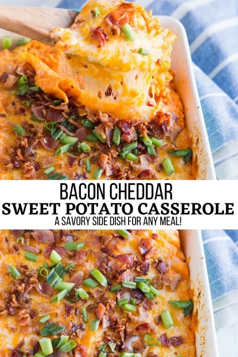 Bacon And Sweet Potato Recipes, Cheesy Sweet Potato Casserole, Bacon Sweet Potato Casserole, Sweet Potato Meat Casserole, Sweet Potato With Bacon, Chili Cheese Sweet Potato Casserole, Sweet Potato Fries Casserole, Sweet Potato Dinner Casserole, Sweet Potato Casserole With Bacon