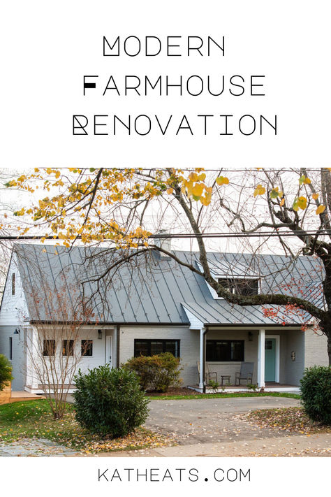 a gray house with a metal roof and white trim Gray House With Metal Roof, Denim Blue Walls, Modern Farmhouse Renovation, Painting Trim White, Easy Home Improvement Projects, Quartz Backsplash, Living Room Mantel, Before And After Pics, Lace Window