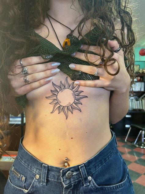 #sun #tattoo #celestial #whimsigoth Sun On Stomach Tattoo, Sun Tattoo Stomach, Sun Tattoo Chest Women, Sun Thigh Tattoo, Whimsigoth Tattoos, Whimsigoth Tattoo, Thigh Tattoo Ideas, Stomach Tattoo, Self Love Tattoo