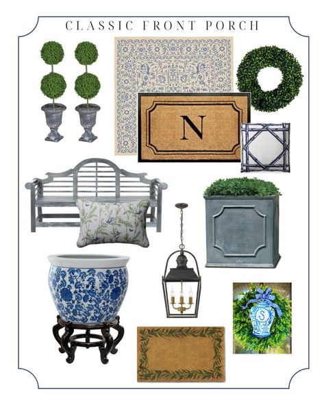 Grand Millennial Front Porch, Southern Front Porch Decor, Front Door Mat Ideas, Classic Front Porch, Southern Front Porches, Grandmillennial Decor, Southern Front Porch, Front Door Decor Ideas, Front Porch Decorations