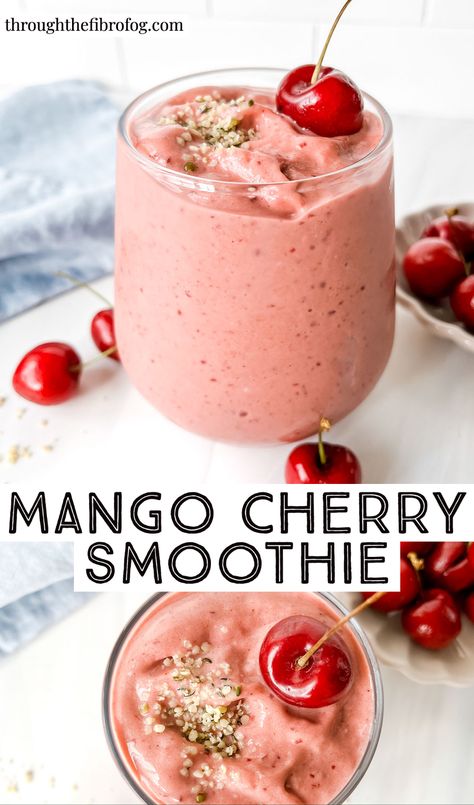 labelled mango cherry smoothie in two glasses with a cherry on top next to a blue cloth and bowl of fresh cherries. Mango Cherry Smoothie, Ice Smoothie Recipes, Sorbet Without Ice Cream Maker, Steakhouse Burgers, Healthy Mango Smoothie, Oat Milk Smoothie, Smoothies Ideas, Lush Desserts, Cherry Smoothie Recipes