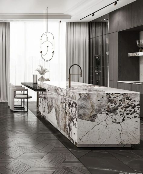 Island Marble, Grey Marble Kitchen, Stone Kitchen Island, Luxurious Kitchens, Japandi House, Marble Kitchen Island, Bakery Design Interior, Neoclassical Interior, Dream Kitchens Design