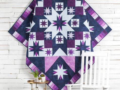 Shooting Stars Quilt Kit by Debbie Caffrey featuring Boundless Blenders Aura Fabric | Craftsy Throw Quilt Pattern, Stars Quilt Pattern, Stars Quilt, Purple Quilts, Star Quilt Patterns, Star Quilts, Red Barns, Paper Pattern, Barn Quilts