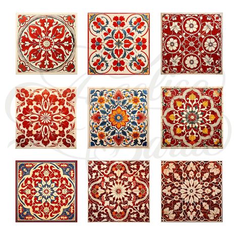 "✳️ Download now a collection of 9 charming vintage-inspired red tiles with a distinctive Spanish style. These high-resolution tiles evoke the timeless beauty of Spanish ceramics, featuring elegant design and vibrant colors. Each tile showcases intricate patterns and floral motifs, capturing the essence of Spanish craftsmanship. With a beige background that adds warmth and versatility, these tiles are the perfect choice for decorating projects, crafts, or interior design. This clipart set provid Spanish Tile Art, Spanish Tiles Pattern, Vintage Tile Patterns, Indian Tiles, Red Tile Floor, Spanish Ceramics, Spanish Style Home Interior, Spanish Style Tile, Spanish Pattern