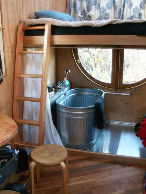 Tiny Tub, Horse Trough, Bed Loft, Camper Design, Tiny Living Space, Mini Loft, Long House, Round Window, Tiny House Bathroom