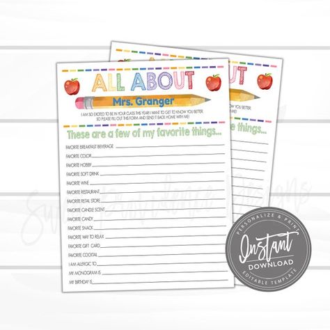 EDITABLE Teacher Survey, Printable Teacher's Favorite Things Questionnaire, Few of My Favorite Things, Gift Appreciation- Instant Access Gift Questionnaire, Teacher Questionnaire, Teacher Appreciation Printables, Teacher Birthday, Staff Appreciation, Teacher Printable, Teacher Appreciation Week, Teacher Ideas, Some Text