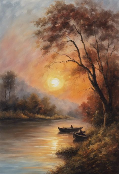 A Stream at Sunset Oil Painting II Art Print Oil Color Painting Nature, Beautiful Landscapes Paintings Acrylics, Calm Paintings, Trees Art Drawing, Sunset Oil Painting, Beautiful Landscape Paintings, Calming Atmosphere, Landscape Paintings Acrylic, Landscape Art Painting