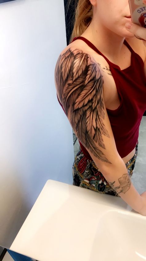 Angel wing. Black and grey. Free hand Alas Tattoo, Free Hand Tattoo, Wing Tattoo Designs, Angel Wings Tattoo, Wing Tattoo, Celtic Tattoos, Memorial Tattoos, Diy Tattoo, Wings Tattoo