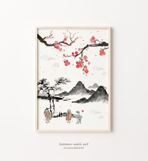 Korean Artwork, Traditional Korean Art, Korean Wall Decor, Korean Decor, Korean Home Decor, Korean Illustration, Wall Decor Prints, Korean Painting, Japan Painting