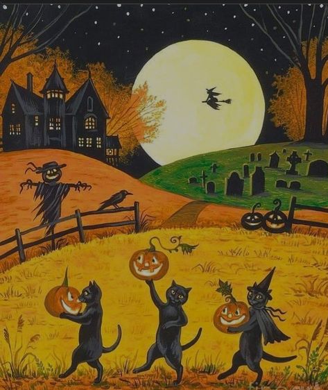 Margaryta Yermolayeva, Halloween Farm, Helloween Wallpaper, Black Cat Witch, Halloween Kunst, Chat Halloween, Zucca Halloween, Halloween Artwork, Halloween Illustration