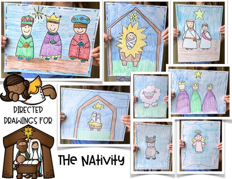 Directed Drawings for Hanukkah and the Nativity - First Grade Blue Skies Nativity Drawing For Kids, Nativity Directed Drawing For Kids, Directed Drawing For Kids Christmas, Nativity Art Projects For Kids, Christmas Directed Drawing For Kids, Directed Drawing Christmas, Christmas Directed Drawing, Nativity Drawing, 4th Grade Christmas