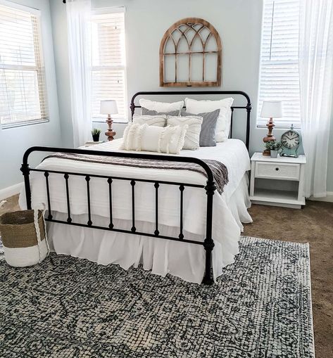 Farmhouse Bedroom Design, Bed Inspo, Farmhouse Guest Bedroom, Black Bed Frame, Farmhouse Room, Bedroom Trends, Dusty Sage, Bedroom Bliss, Washable Area Rug