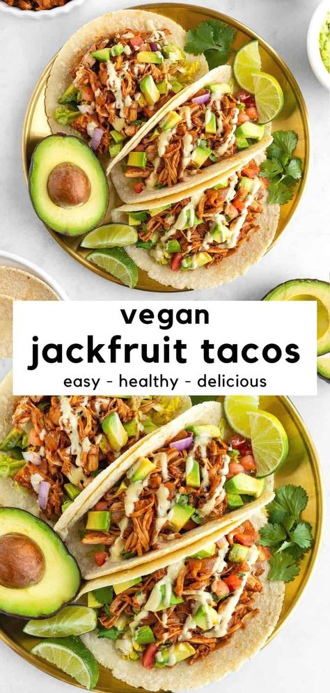 Vegan jackfruit tacos are easy, healthy, and so flavorful! Juicy jackfruit carnitas are used as a meat replacement for these meatless tacos. Serve them with tortillas, lettuce, avocado, pico de gallo, or any of your favorite toppings. You will impress the whole family with this Mexican dinner recipe! #jackfruit #tacos #tacorecipes #tacotuesday #veganrecipes #vegandinner #meatless #meatfree #vegetarian #mexicanrecipes Jackfruit Carnitas, Vegan Jackfruit, Jackfruit Tacos, Jackfruit Recipes, Meat Replacement, Healthy Vegan Dinner, Vegan Mexican Recipes, Mexican Dinner Recipes, Vegan Entree