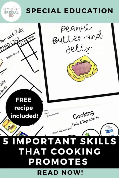 Have you tried cooking in special education yet? Cooking is an essential life skill that your students need to learn and is one of my favorite special education activities to work on in the classroom. Here, I give you the 5 important life skills that cooking promotes in special education. Your students can work on everything from fine motor skills, sequencing and comprehension. I also include a link to my visual recipes if you are wanting to add more cooking in the classroom. Cooking Lesson Plans, Teaching Executive Functioning Skills, Teaching Executive Functioning, Special Education Lesson Plans, Important Life Skills, Middle School Special Education, Cooking In The Classroom, Teaching Life Skills, Visual Recipes