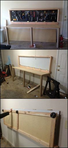 Wall Workbench, Cabin Studio, Workbench Organization, Workbench Designs, Building A Workbench, Folding Workbench, Garage Atelier, Workbench Plans Diy, Build A Wall