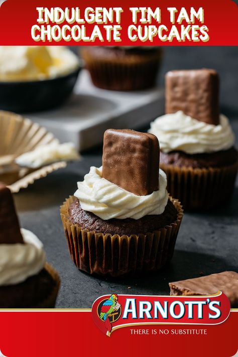 Close up shot of a chocolate cupcake topped with cream icing and a Tim Tam biscuit. Delicious Cupcakes Recipes, Chewy Caramel, Moist Cupcakes, Chocolate Biscuits, Tim Tam, Cupcake Flavors, Mug Recipes, Cupcake Recipe, No Cook Desserts