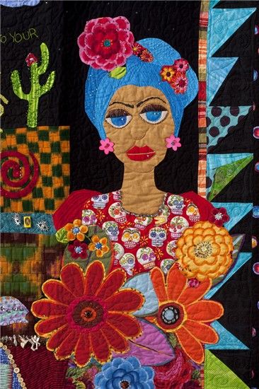 Mexican Señora Quilted Portraits, Quilted Faces, Textile Portraits, Freddie Moran, Face Quilts, Fabric Faces, Fabric Portraits, Collage Faces, Whimsical Portraits