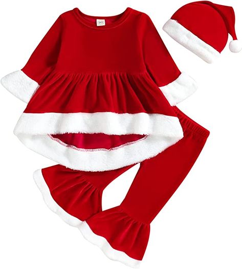 Amazon.com: Toddler Baby Girl Christmas Outfits Velvet Santa Long Sleeve Top Dress+Flared Pants+Hat 3PCS Xmas Costumes : Clothing, Shoes & Jewelry Xmas Costumes, Toddler Christmas Outfit, Xmas Outfit, Velvet Top Long Sleeve, Santa Photos, Girls Christmas Outfits, Santa Outfit